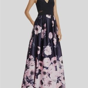 Avery G Women's Navy Floral Sleeveless V-Neck Ball Gown Dress Size 4 💜